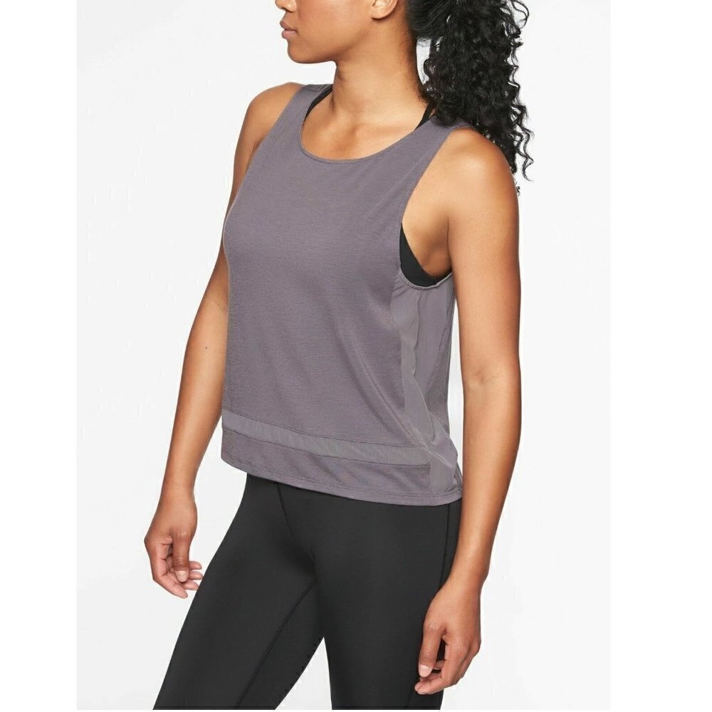 Womens Athleta Essence Mesh Trim Tank Top Shirt Silver Bells Size S #291860